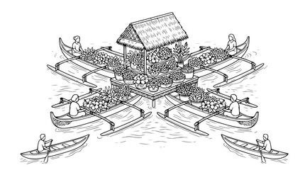 Fototapeta premium Floating Flower Market Scene with Boats and Vendor Hut