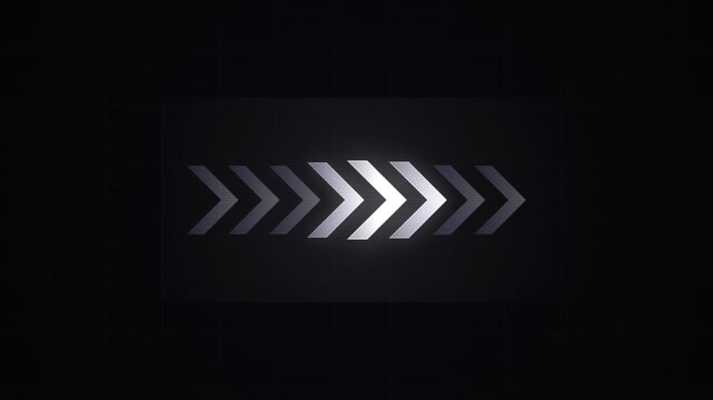 Glossy metallic arrows moving forward in sequence on a dark textured background, abstract motion concept