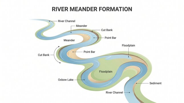 Detailed scientific illustration explaining natural water channel erosion patterns and development of meanders within a terrestrial landscape environment