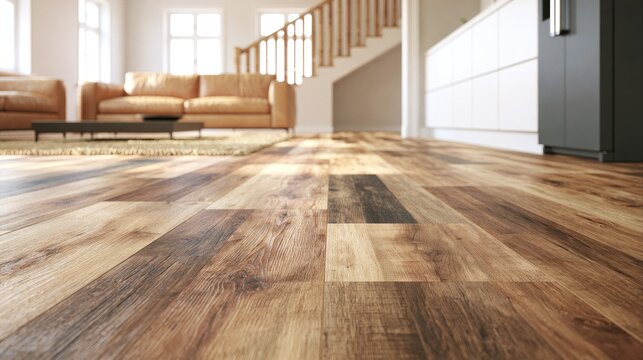 Polished laminate flooring in modern open living room.