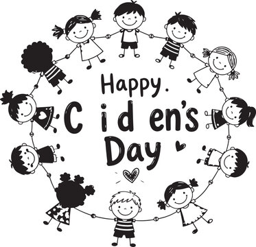 Happy Childrens Day greeting card with cute cartoon kids holding hands