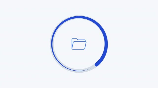 Minimal flat vector animation of a blue circular progress indicator surrounding a folder icon, clean white background, and smooth loading motion for digital file management concepts.