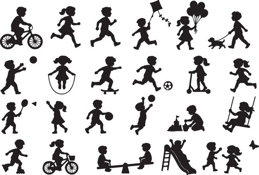 Silhouettes of children playing and having fun outside