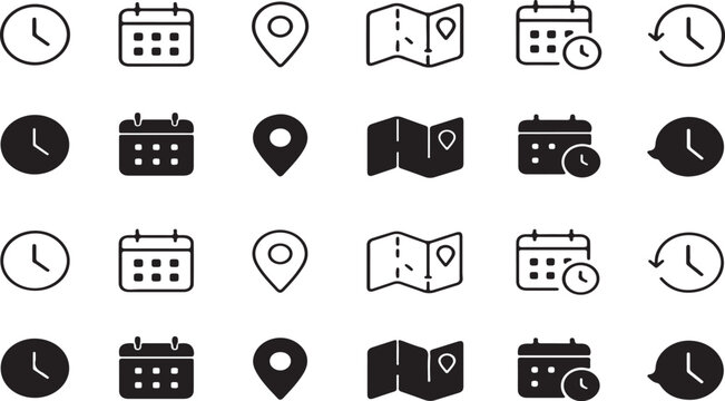 Set of black flat icons for time schedule and location navigation