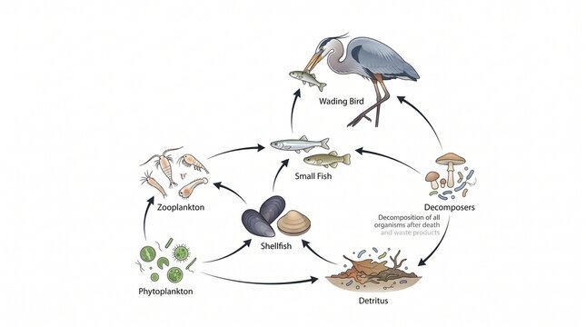 Aquatic food web ecosystem diagram showing energy flow between marine organisms