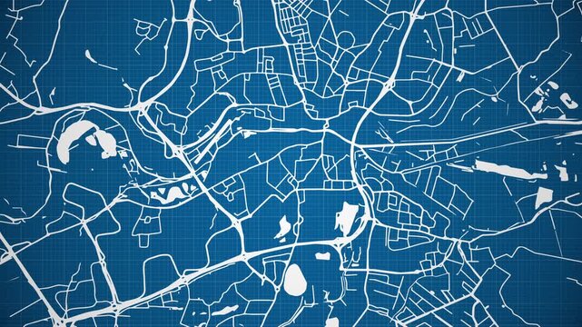 Ink reveal animation of Peterborough city, Cambridgeshire, England, United Kingdom, grid map. Aerial top view. Blueprint style. White lines with blue background. 4K Seamless loop.