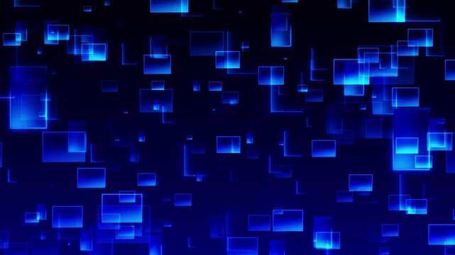Floating square technology visual with layered blue rectangles, soft glow, and dark abstract digital space. Perfect for title videos, software promos, motion backgrounds, and futuristic overlays.
