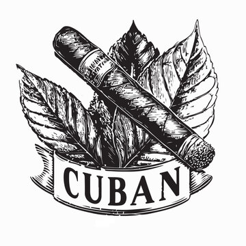 Vintage Cuban Cigar Logo with Tobacco Leaf Vector Isolated On White Background