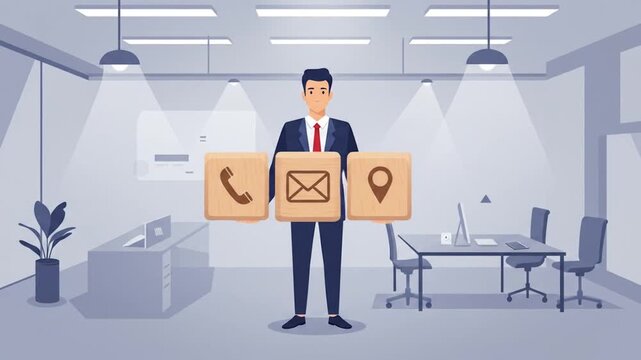 Business Presentation In Modern Office With Icon Boards.