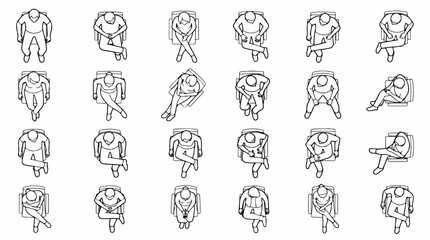 Fototapeta premium Architectural top view people sitting set, 24 outline vector figures for floor plans, minimalist overhead human silhouettes in chairs isolated PNG with Transparent Background