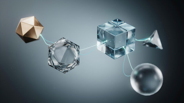 Abstract 3D render of interconnected geometric shapes including cubes spheres and polyhedrons