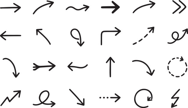 Set of various hand drawn black ink arrows on a simple page
