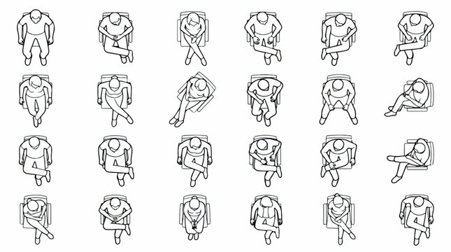 Architectural top view people sitting set, 24 outline vector figures for floor plans, minimalist overhead human silhouettes in chairs isolated PNG with Transparent Background