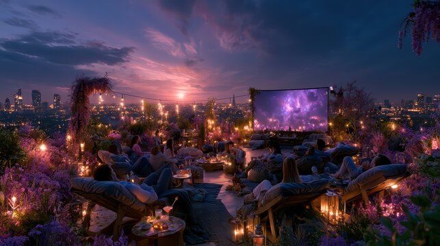 rooftop summer cinema party overlooking a glowing European city at sunset, stylish people relaxing on deck chairs, projector screen with blank copy space, cocktails, string lights, warm golden hour at