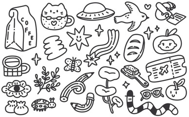 Fototapeta premium Trendy Retro Y2K Doodle Sticker Set, Hand Drawn Cartoon Elements and Pop Art Clipart Vector