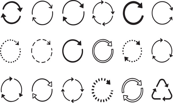 Set of black reload and refresh circular arrow icons for web design