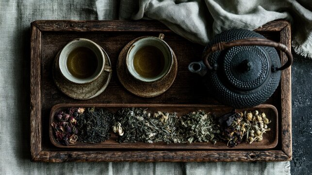 Tea set with teapot and cups on wooden tray