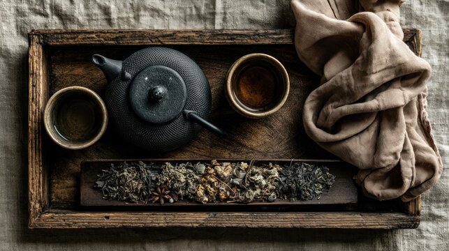 Tea ceremony with cast iron teapot and dried leaves