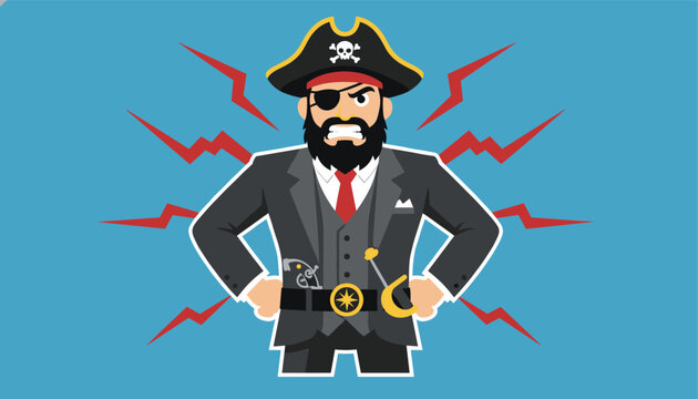 Angry pirate wearing a pirate hat and an eye patch is dressed in a formal business suit with a red tie for a humorous mascot.