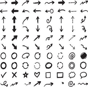 Set of hand drawn sketch arrows and doodle shapes for design elements