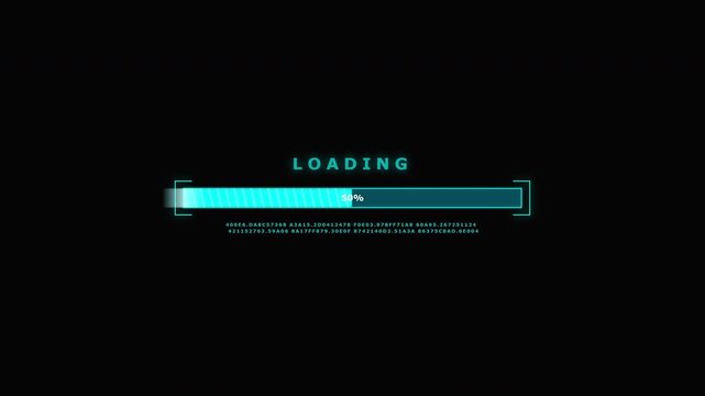 Loading bar animation. Cyan futuristic progress bar with percentage counter and hex code data.