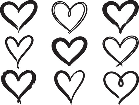 Set of hand drawn black ink heart shapes on a white background