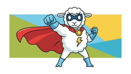 Obraz premium Brave white sheep dressed as a superhero with a red cape, blue mask, and lightning bolt symbol flexing its muscles.