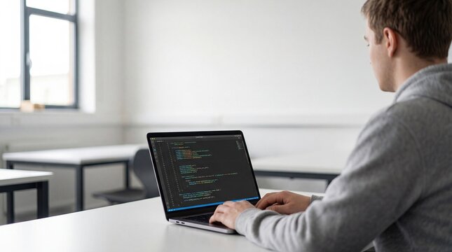 Male software developer programming code on laptop in bright workspace, web development and coding education concept for beginners