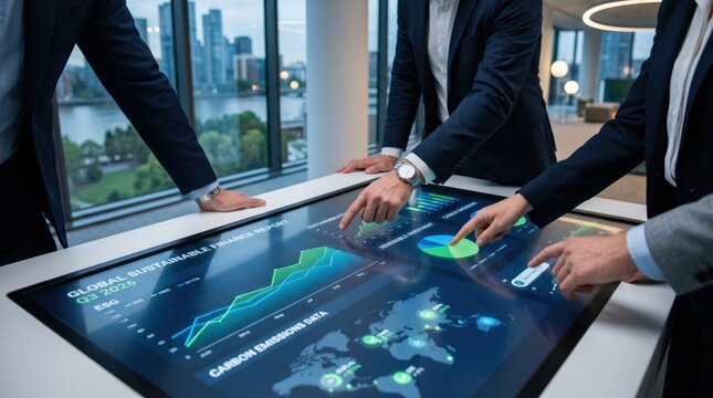 Executives analyzing ESG sustainability data on interactive touchscreen table, global finance report Q3 2026, carbon emissions tracking map, green investment growth charts, corp...