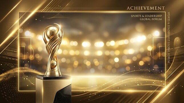 A luxurious golden trophy stands on a dark pedestal against a shimmering background of blurred golden lights, framed by elegant golden lines, symbolizing achievement and success.