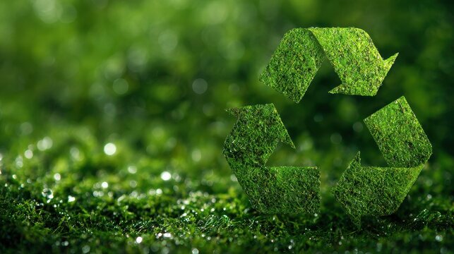 Recycling icon textured with organic moss resting on moist forest floor in a sharp macro shot with shimmering bokeh for environmental branding