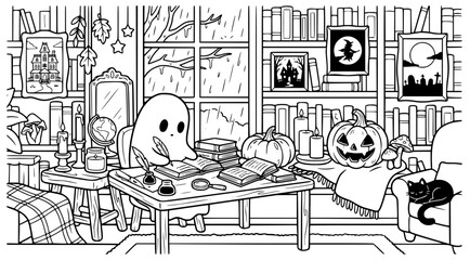Obraz premium Cute Halloween Ghost Reading in Cozy Library with Pumpkins, Black Cat and Books Coloring Page Vector