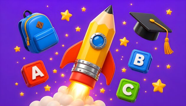 Yellow pencil rocket launching with school supplies and stars, bright 3D cartoon illustration.
