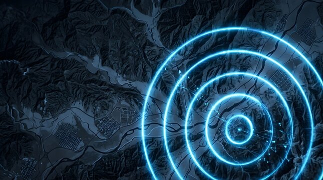 Digital radar signal emitting blue waves over a satellite terrain map