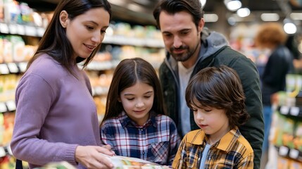 Obraz premium A family of four looking at a product package together while shopping in a well lit grocery store aisle