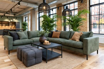 Obraz premium Modern industrial loft living room with green sofa