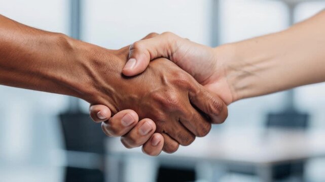 Close up of diverse people shaking hands in business agreement or partnership concept