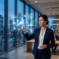 Fototapeta premium The young professional woman is interacting with a futuristic interface in a modern office environment for business operations and technology industry purposes.