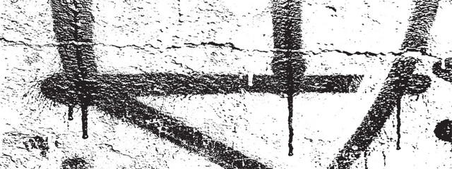 Crossed black spray paint lines with heavy drips on rough textured concrete wall for urban industrial background design © DARK GRASS