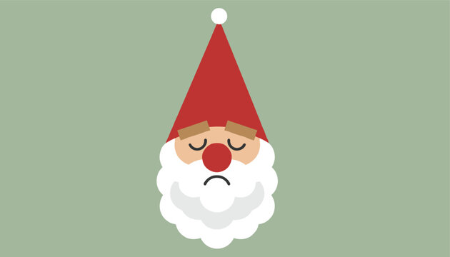 Sad looking face of Santa Claus with a drooping red hat large white beard and round red nose on a green background.