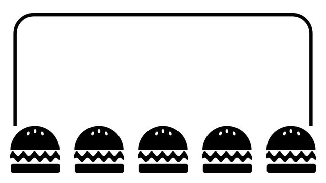 Rounded rectangle tray outline containing a neat row of five small hamburger icons representing a burger collection, restaurant menu or food lineup