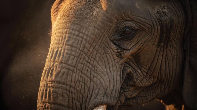 Close up of elephant face with detailed textured skin and eye in natural light wildlife photography