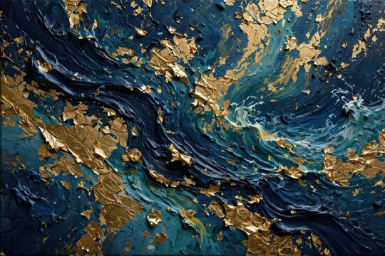 Abstract Textured Painting with Gold Leaf and Deep Blue and Teal Hues.