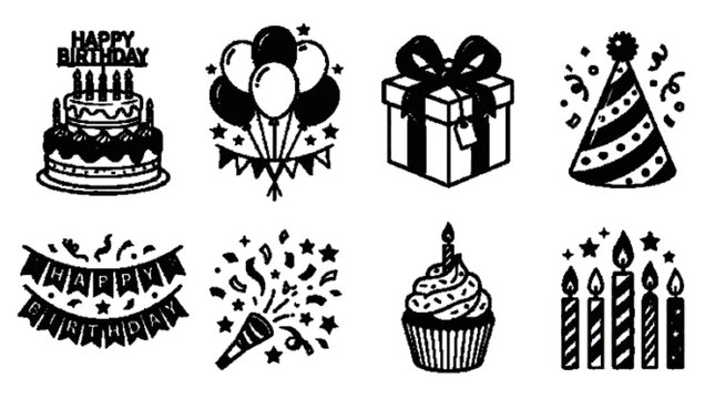 Create a premium Adobe Stock vector set featuring exactly 8 completely unique elements related to Birthday Party.black and white , white background 

