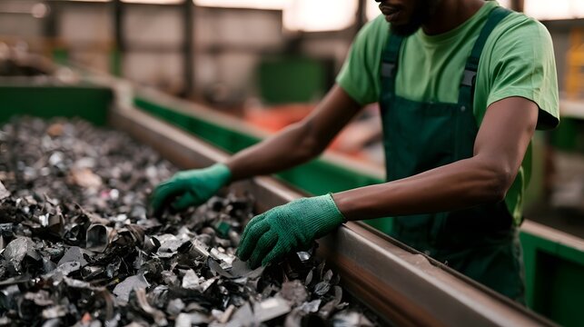A worker wearing green gloves sorts through metal scraps on a conveyor belt in an industrial recycling facility