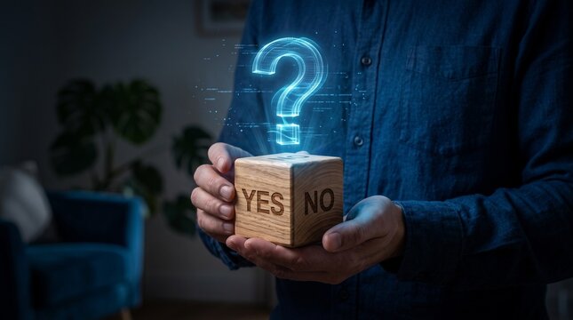 Person holding a wooden cube with Yes and No options with a holographic question mark