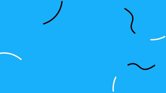 Abstract line art background with hand drawn curves and minimal doodle shapes in black and white, featuring wavy lines and flowing scribbles on a clean blue backdrop