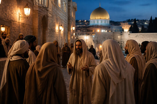 A group of people, including Jesus, gathered outdoors at night near a domed building.