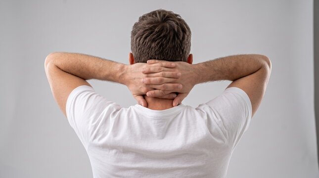Man with hands behind head seen from back wearing white t-shirt