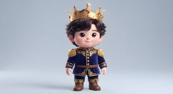 Cute 3D little king cartoon character wearing golden crown with red ruby hearts isolated on clean studio background